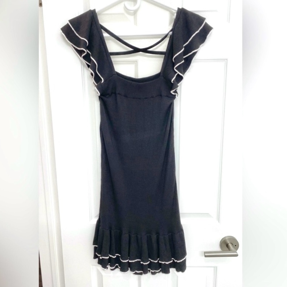 Black Knit Mini Dress with Ruffles & White Trim - Picture 2 of 3